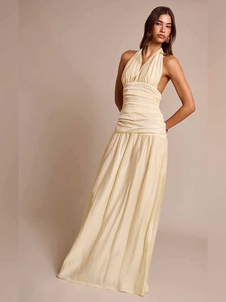 Pretty Little Thing Pale Lime Crinkle Textured Halterneck Maxi Dress Size 10 New